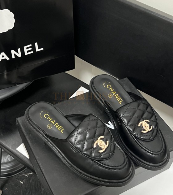 Ch**el Quilted Slip-On Black Loafer Mules Lamskin Leaher