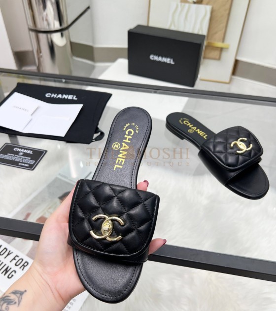 Ch**el Logo Slides Sandals Black Leather Sole 35-43