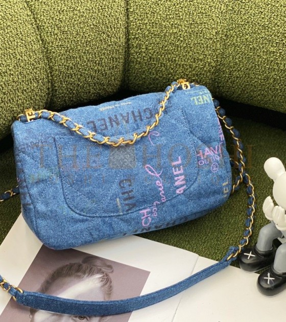 Ch**el Classic Flap Denim Bag Gold Hardware Blue Size 23×14×8cm