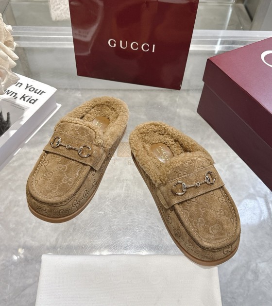 Gvc*1 Horsebit Wool Mules Sandals Suede Calfskin