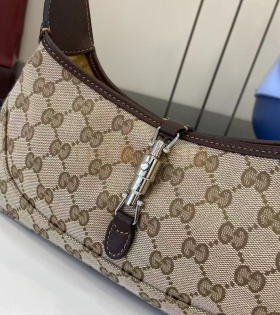 Gvc*1 Jackie Slim Famiglia Crossbody Bag GG Canvas Leather Trim Beige Brown 27×13×6cm Master quality