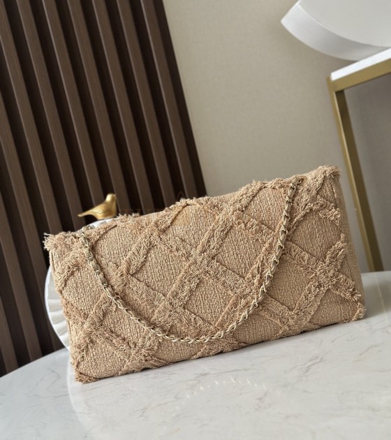 Ch**el Vintage Inspired Straw Bag Beige Linen Weave With Tassels 38×21×11cm Master Quality