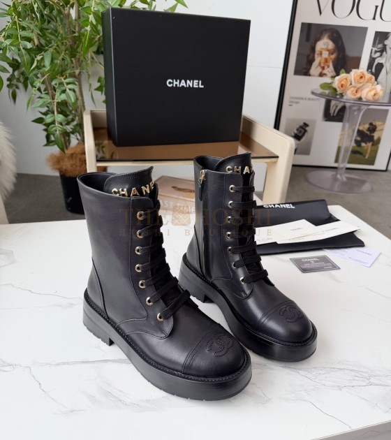 Ch**el Lace-Up Flats Leather Upper  Size 35-42 Black Master Quality