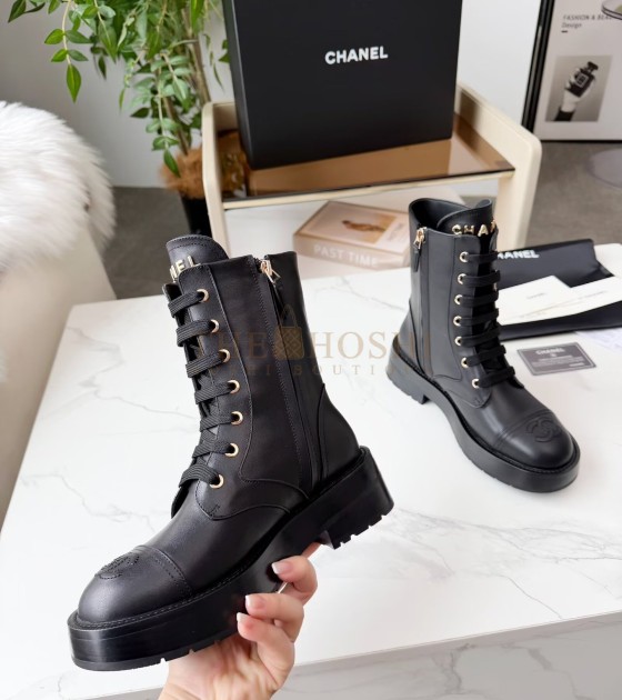 Ch**el Lace-Up Flats Leather Upper  Size 35-42 Black Master Quality