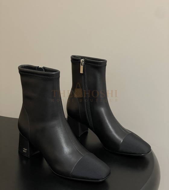 Ch**el Square-Toe Ankle Boots Elastic Lambskin & Leather Sole Black Women