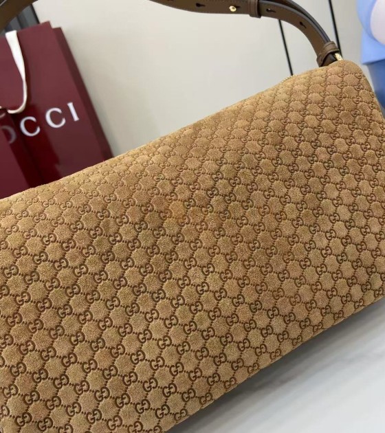 Gvc*1 Half Horsebit Shoulder Bag Brown GG Embossed Suede Brown  31.5×17×12cm