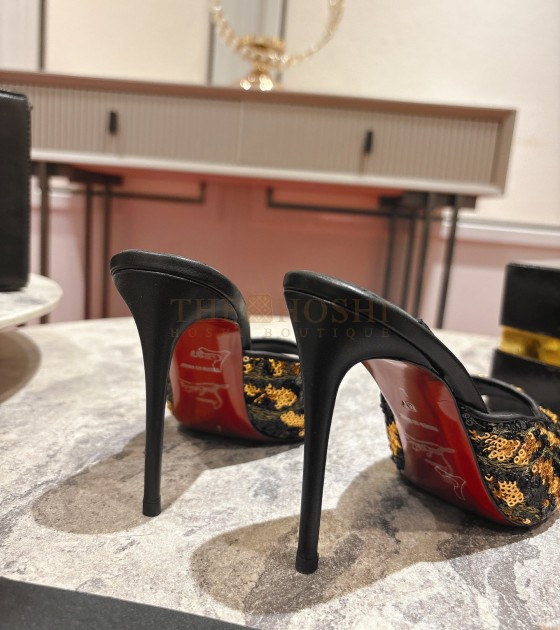 Chr1st1an Louboutin CL Pointed-Toe Heels Glossy Calfskin with Leopard Sequins Black Size Women