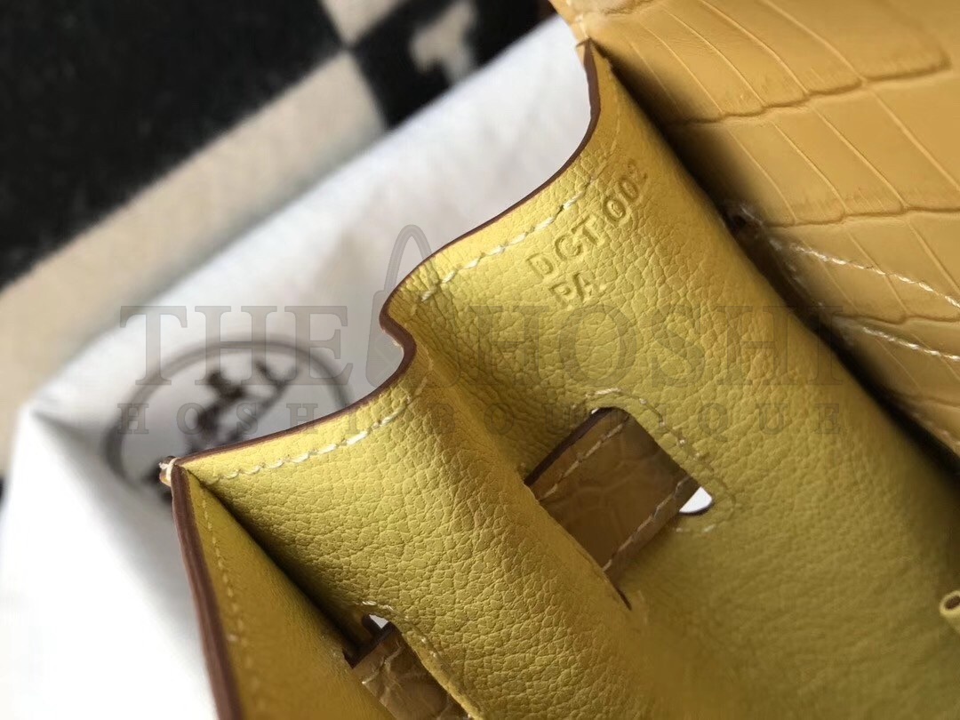 H**me5 Kelly 25cm Bag In Jaune Poussin Embossed Crocodile Master Quality
