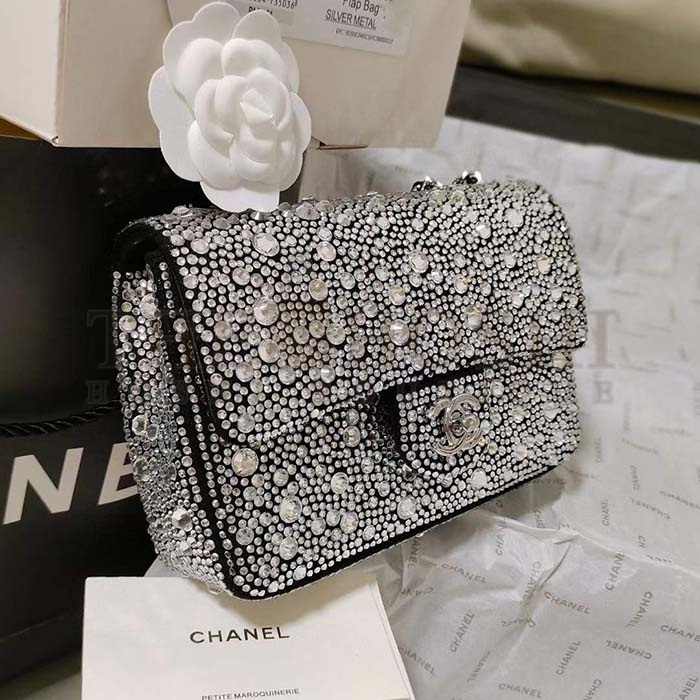 Ch**el CC Women Mini Flap Bag Satin Strass Silver-Tone Metal Silver Master Quality