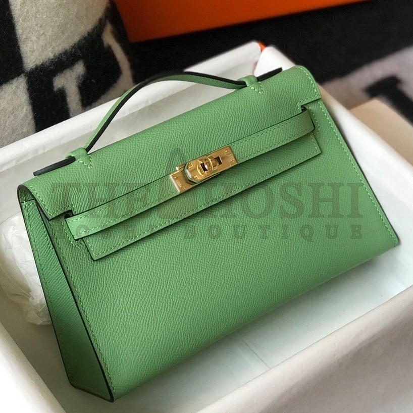 H**me5 Kelly Pochette Clutch Bag In Vert Criquet Epsom Leather Master Quality