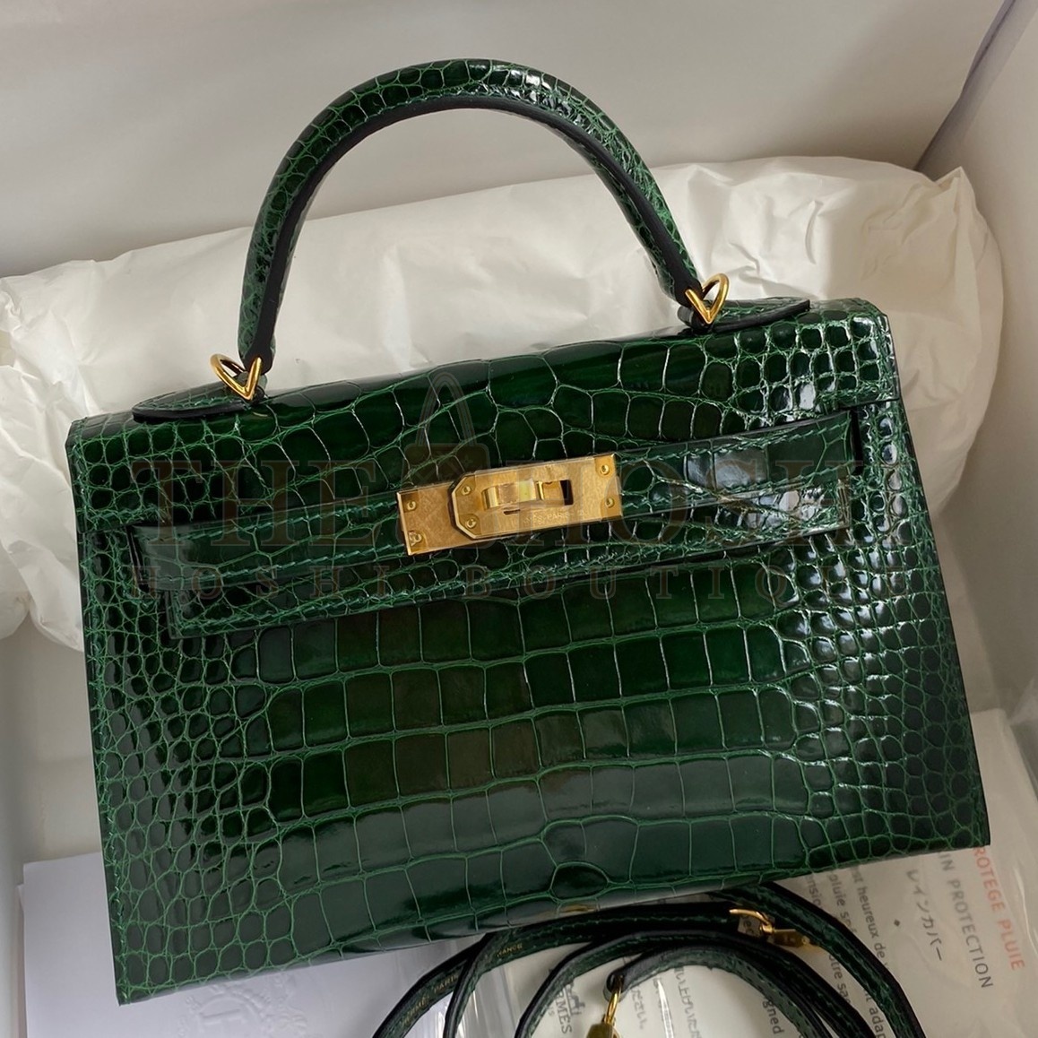 H**me5 Kelly Mini II Sellier Handmade Bag In Malachite Shiny Alligator Leather Master Quality