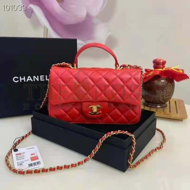 Ch**el Women Mini Flap Bag with Top Handle Grained Calfskin Gold-Tone Metal Red Master Quality