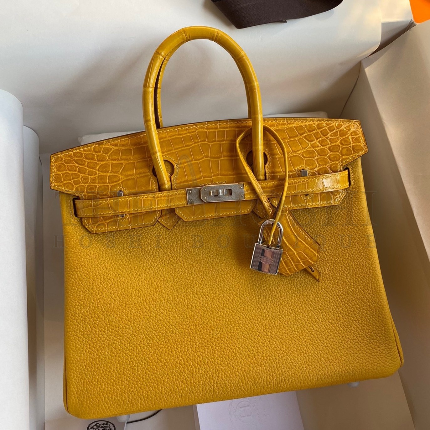 H**me5 Touch Birkin 30 Bag In Yellow Clemence and Shiny Niloticus Crocodile Skin Master Quality