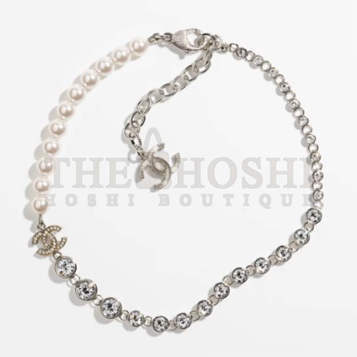 Ch**el Women CC Necklace Metal Glass Pearls Strass Silver Pearly White Crystal Master Quality
