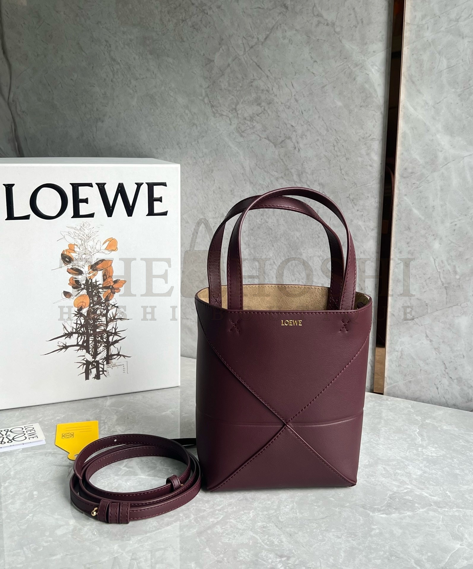 L0ew* Mini Puzzle Fold Tote Bag in Bordeaux Calfskin Master Quality