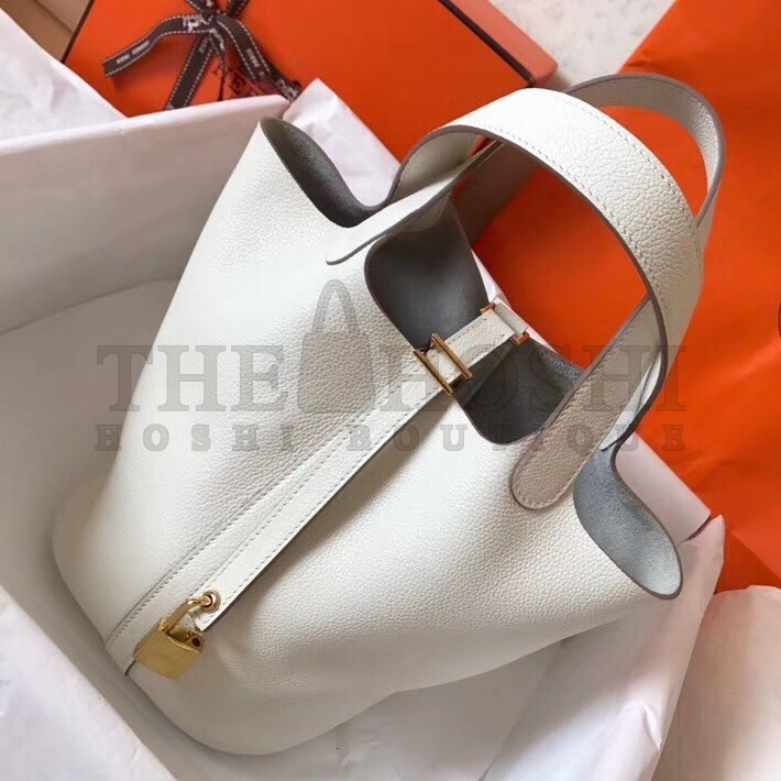H**me5 White Picotin Lock MM 22cm Handmade Bag Master Quality