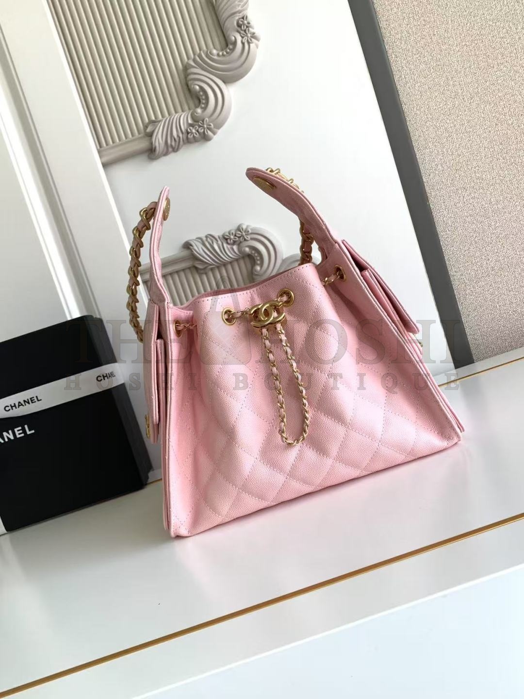 Ch**el 25C AS5293 Hobo Drawstring Bag Pink Caviar Leather with Gold Chain 30x26x14cm Master Quality