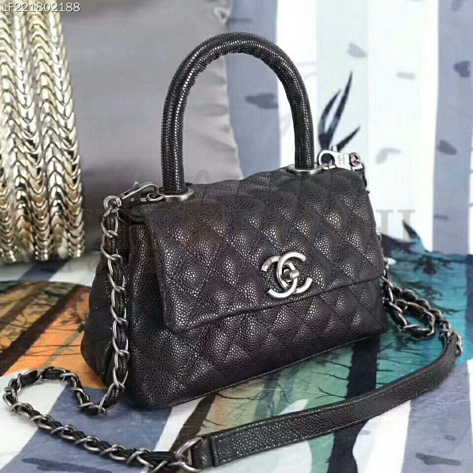 Ch**el Coco Caviar Lizard Quilted Mini Flap Bag with Top-Handle-Black Master Quality