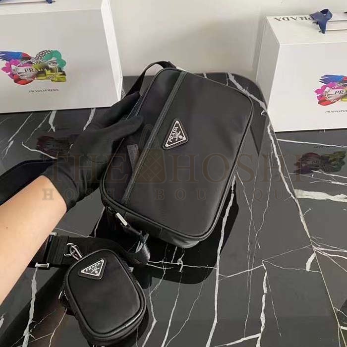 Pra*a Unisex Re-Nylon Saffiano Shoulder Bag Black Zipper Closure Fabric Master Quality