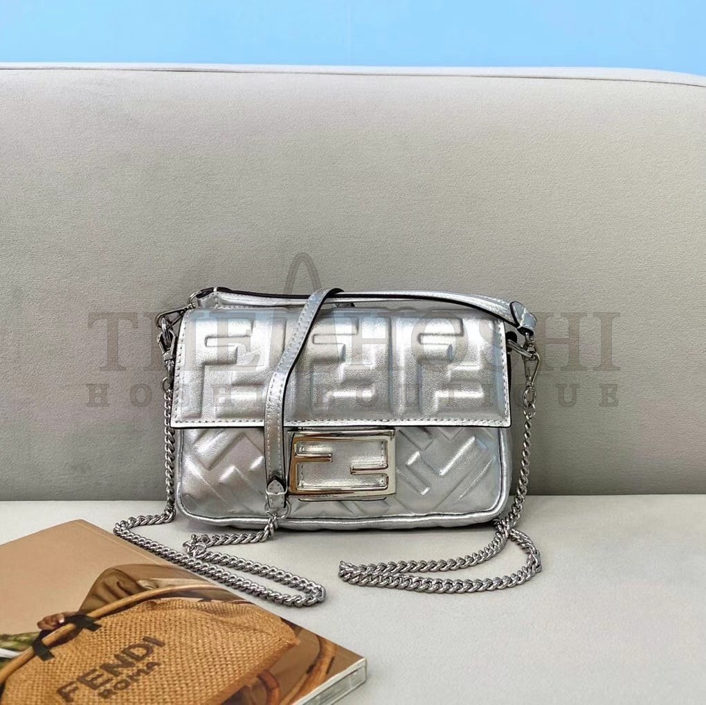 F**di Small Baguette Bag In Silver FF Metallic Leather Master Quality