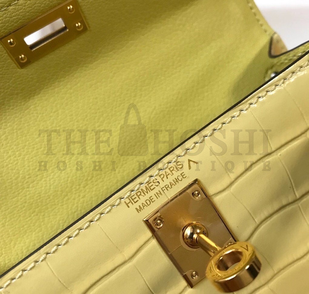 H**me5 Kelly Mini II Bag In Jaune Poussin Embossed Crocodile Calfskin Master Quality