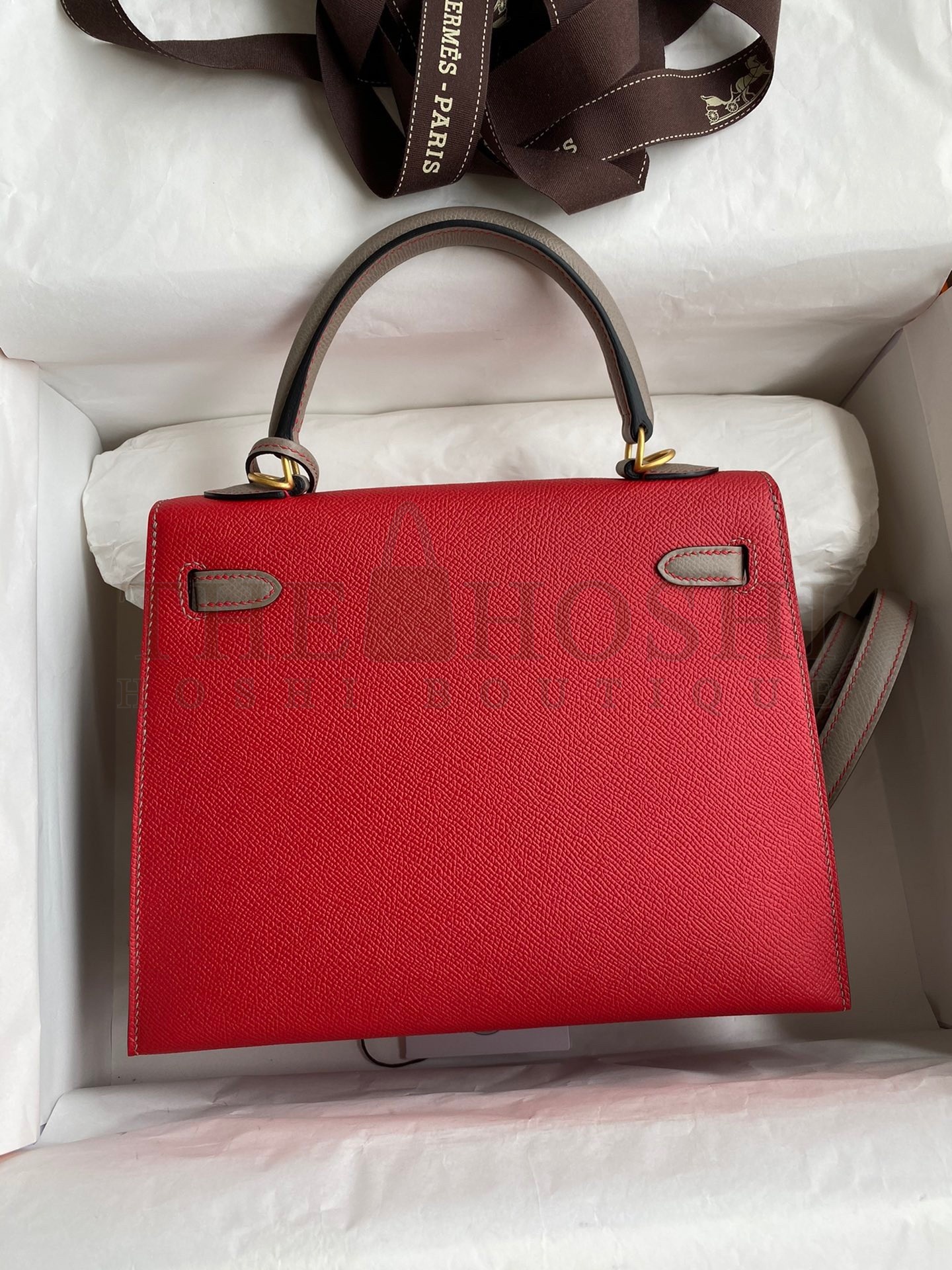 H**me5 Kelly Sellier 25 Bicolor Bag in Red and Etain Epsom Calfskin Master Quality