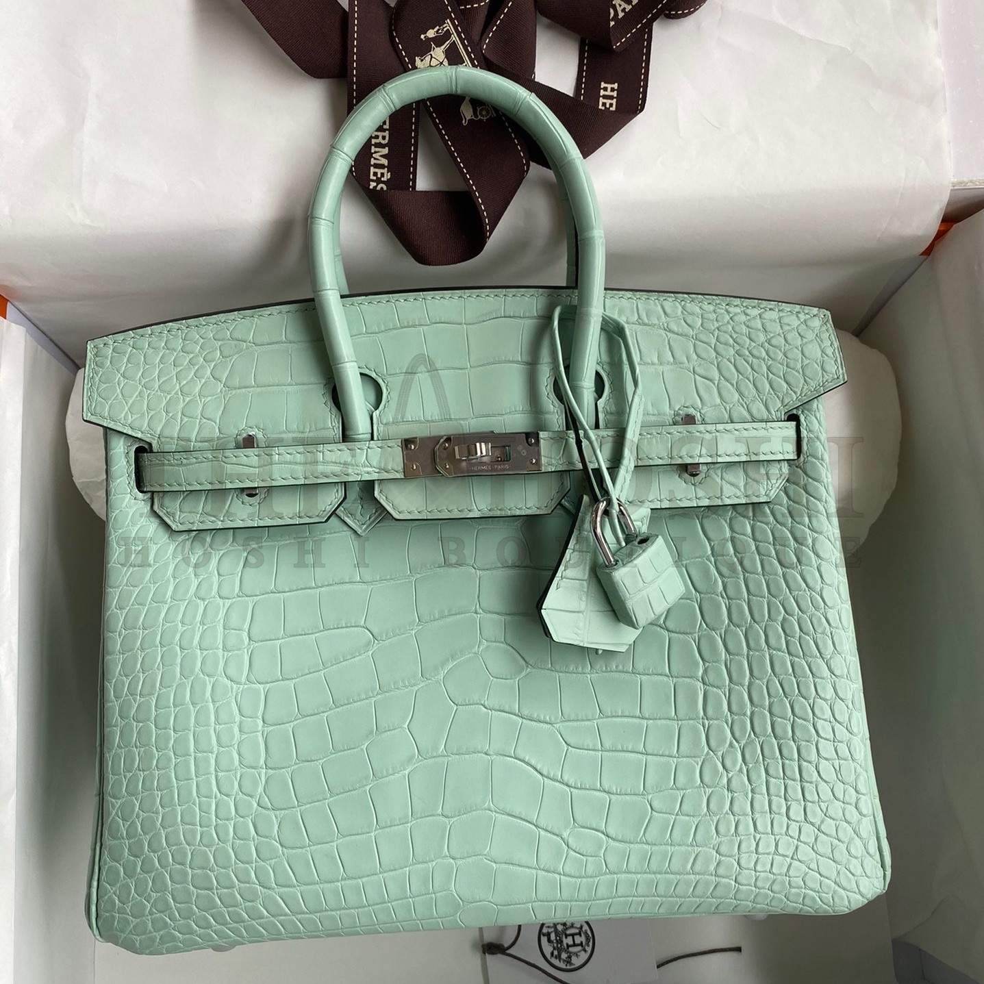 H**me5 Birkin 25 Retourne Handmade Bag In Vert D'eau Matte Alligator Leather Master Quality