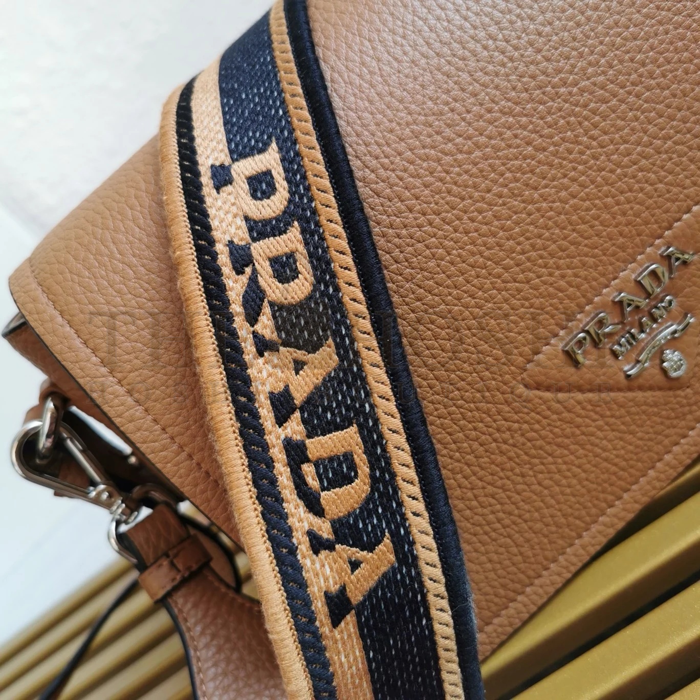 Pra*a Flap Shoulder Bag in Brown Grained Leather Master Quality