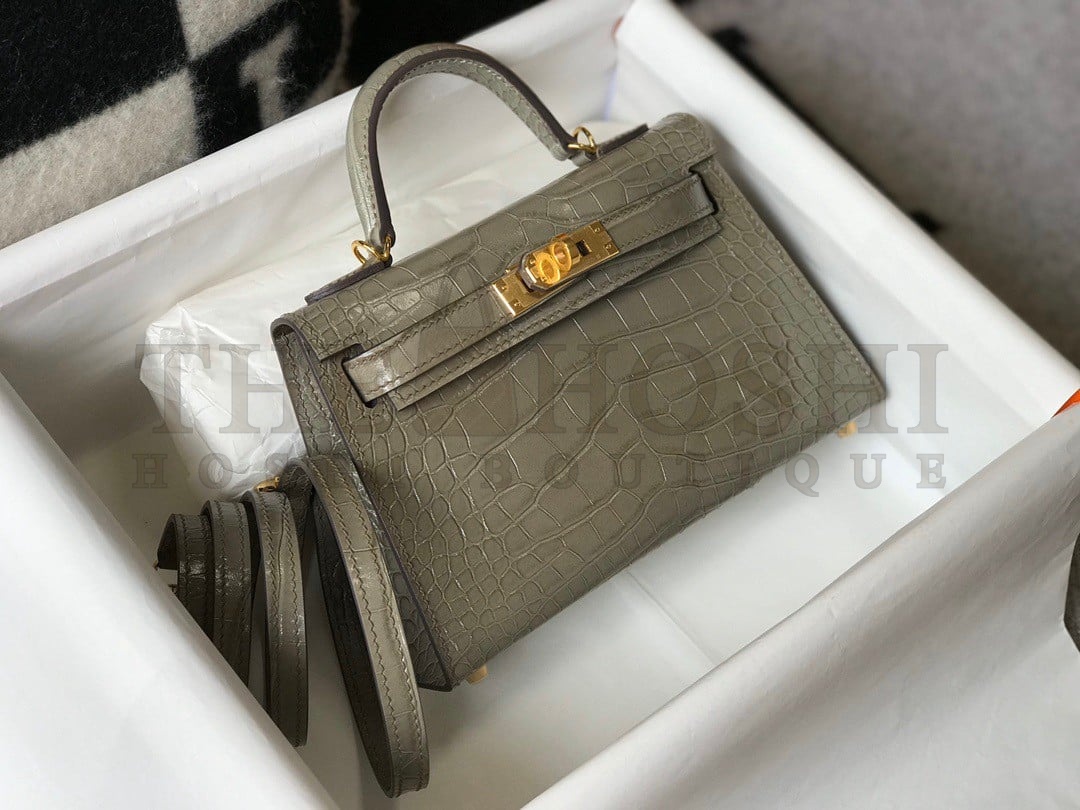H**me5 Kelly Mini II Sellier Bag In Taupe Crocodile Embossed Leather Master Quality