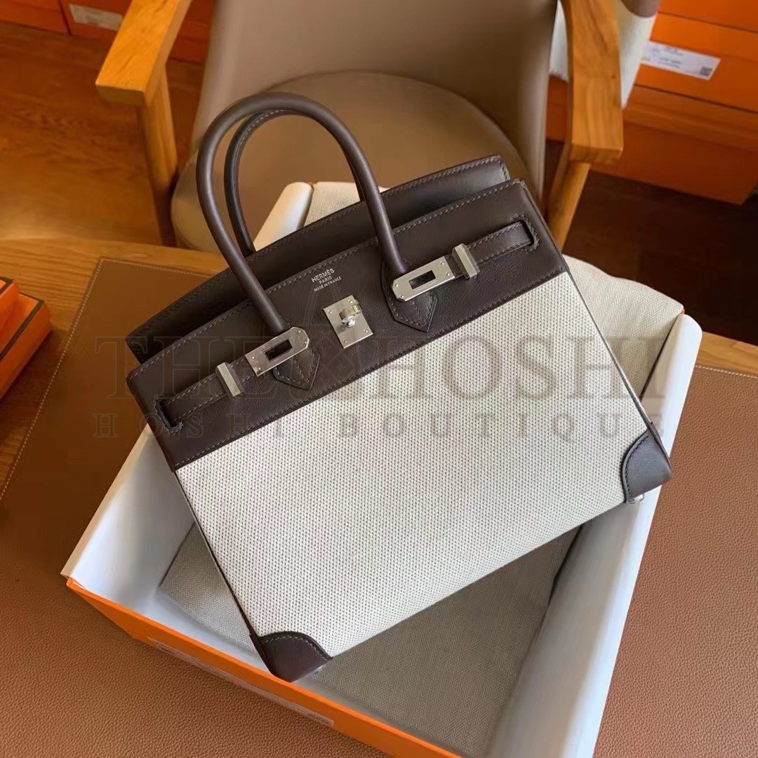 H**me5 Birkin 25 Handmade Bag In Toile &amp; Chocolat Swift Leather Master Quality