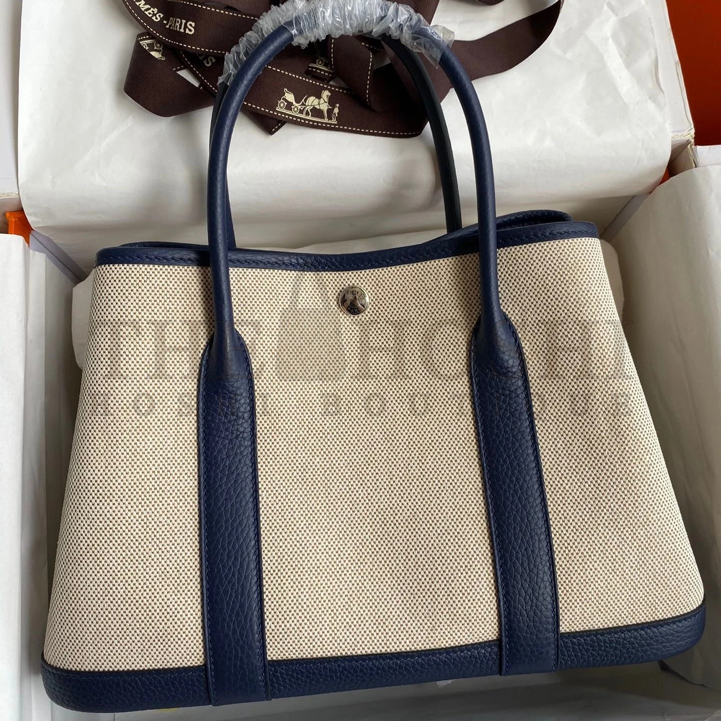 H**me5 Garden Party 30 Handmade Bag in Toile and Blue Leather Master Quality