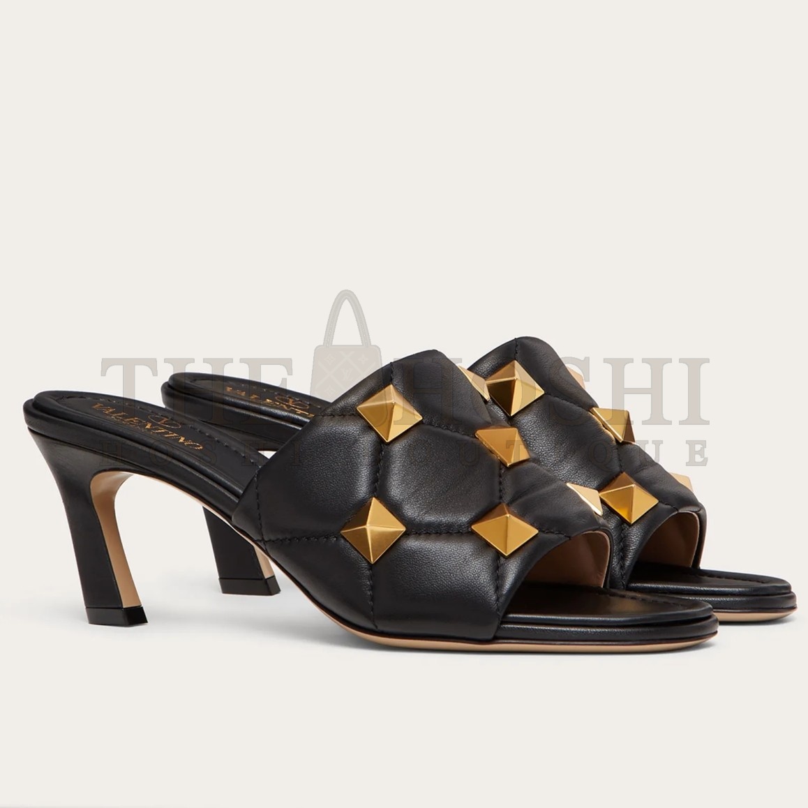 Va1e*ntin0 Roman Stud Slide Sandals 65mm In Black Leather Master Quality