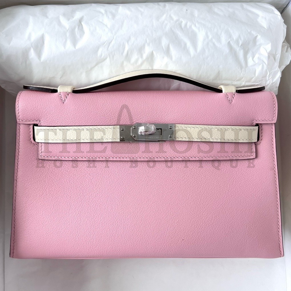 H**me5 HSS Kelly Pochette Bicolor Bag in Pink and Craie Swift Calfskin Master Quality