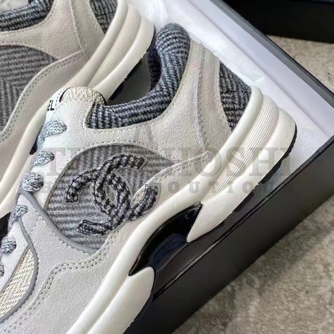 Ch**el Women CC Sneakers Fabric & Suede Calfskin Ivory Light Gray & White 1 Cm Heel Master Quality