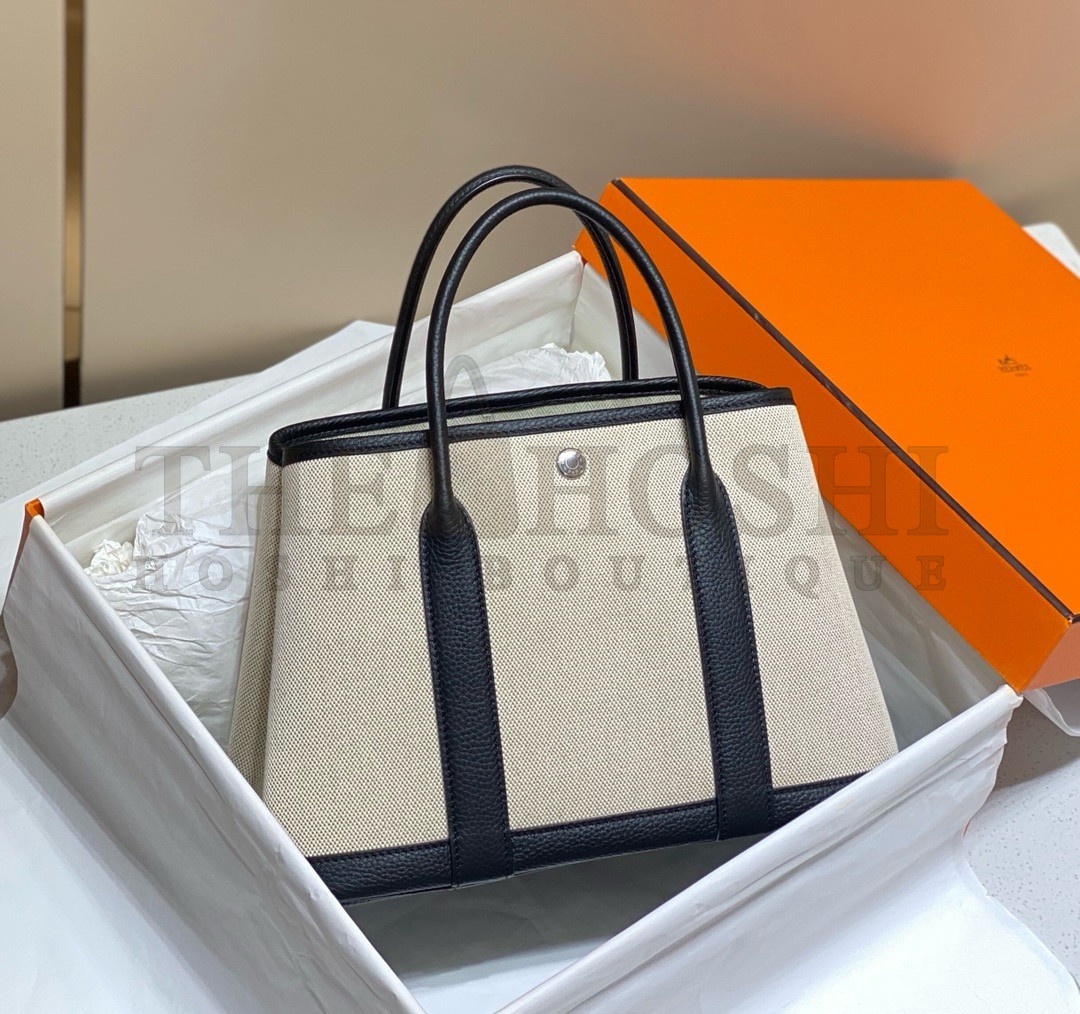 H**me5 Garden Party 30cm Bag in Toile and Black Leather Master Quality