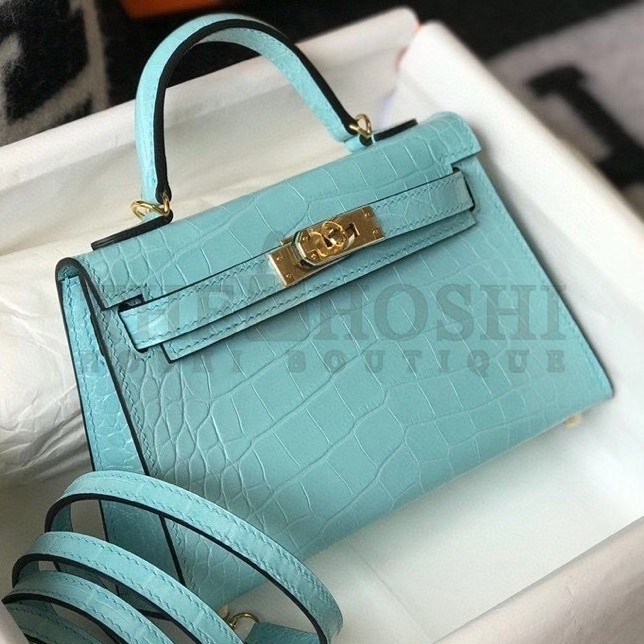 H**me5 Kelly Mini II Bag In Blue Atoll Crocodile Embossed Leather Master Quality
