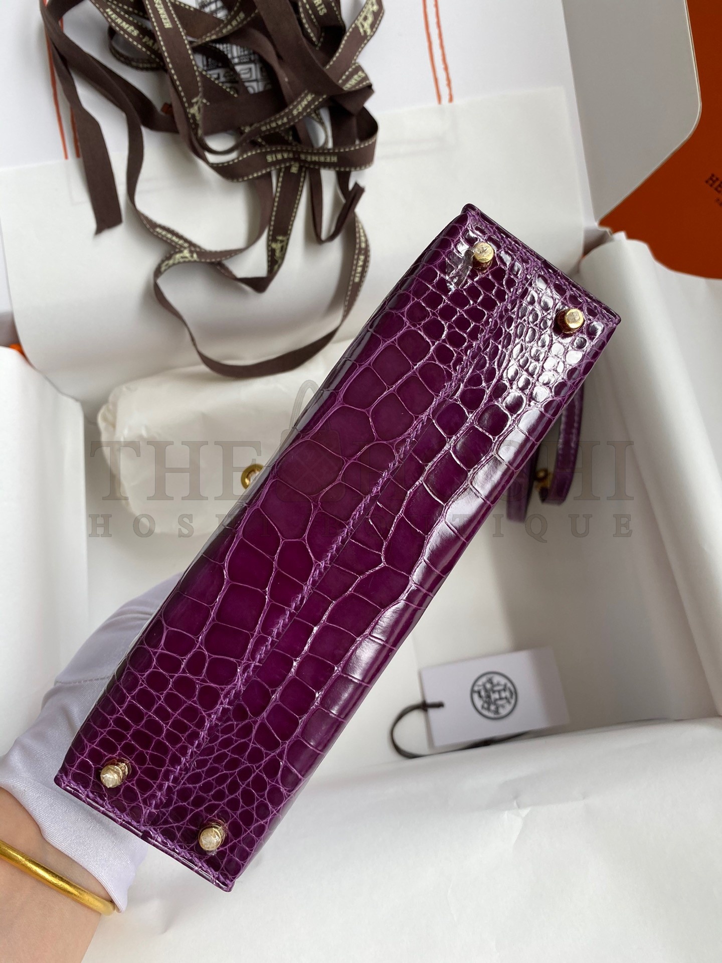 H**me5 Kelly Mini II Sellier Handmade Bag In Purple Shiny Alligator Leather Master Quality