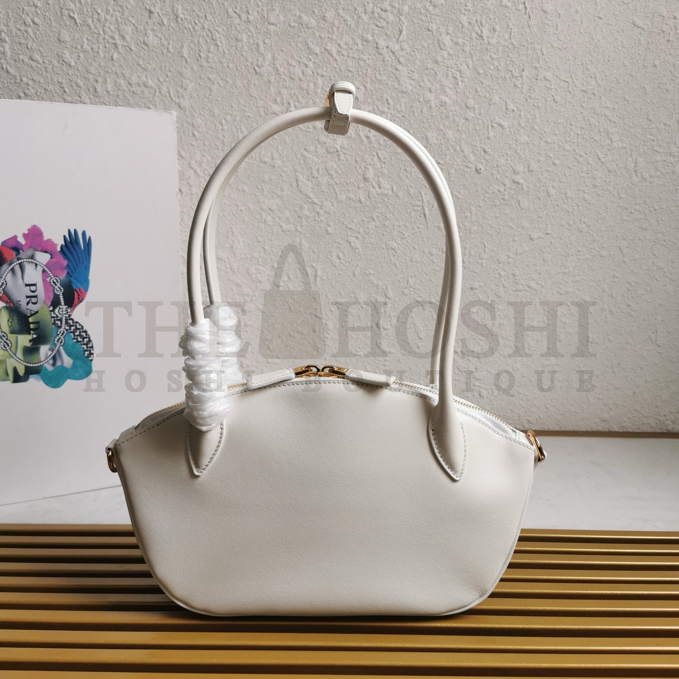 Pra*a Shoulder Bag with Double Zipper in White Calfskin Master Quality