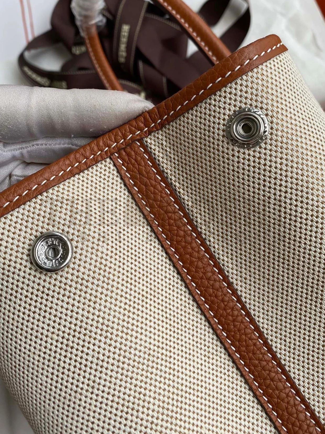 H**me5 Garden Party 30 Handmade Bag in Toile and Gold Leather Master Quality