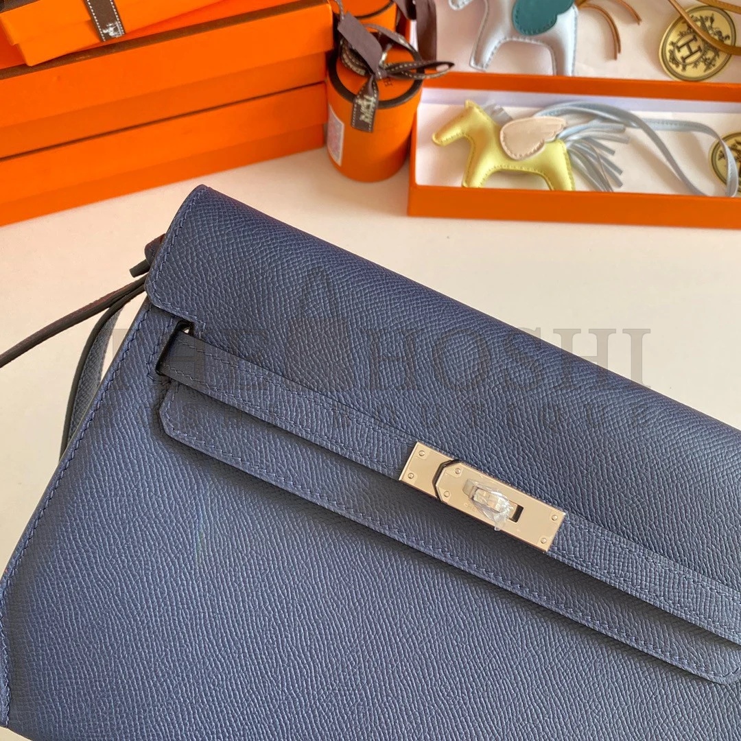 H**me5 Kelly Depeches 25 Pouch in Blue Saphir Epsom Calfskin Master Quality