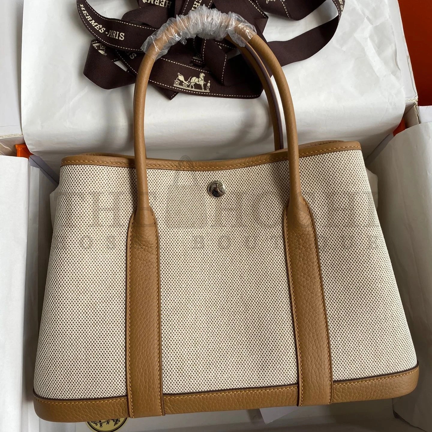 H**me5 Garden Party 30 Handmade Bag in Toile and Biscuit Leather Master Quality