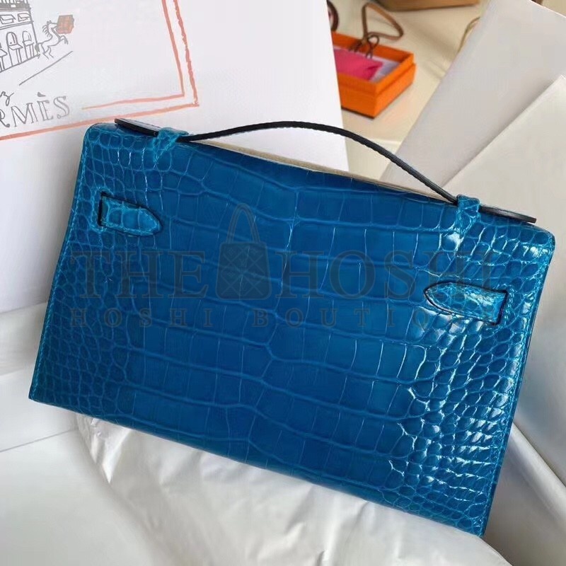 H**me5 Blue Izmir Shiny Alligator Crocodile Kelly Pochette Bag Master Quality