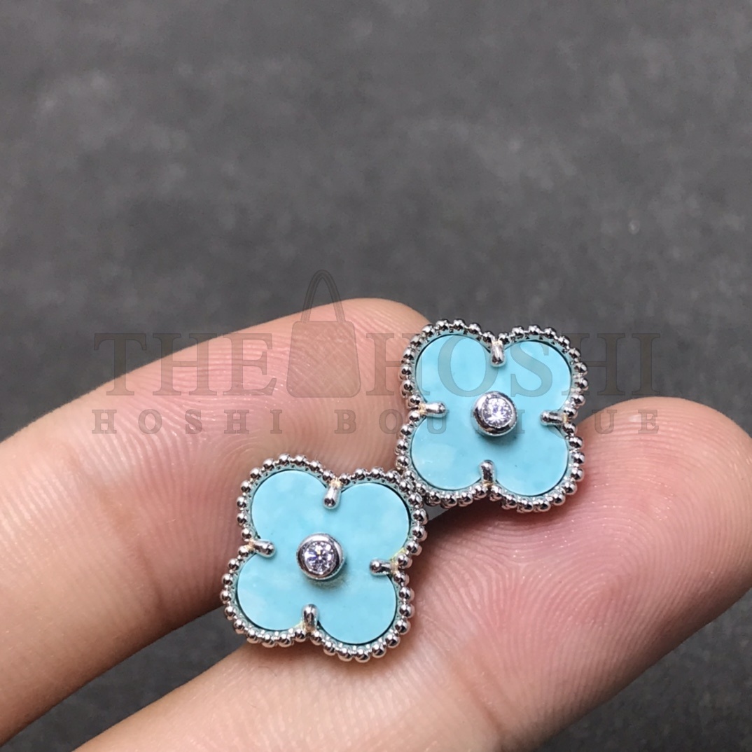 V*n Cl**f & Arpels Light Blue Clover Stud Earrings with D1am0nds, Vintage Alhambra earrings Master Quality