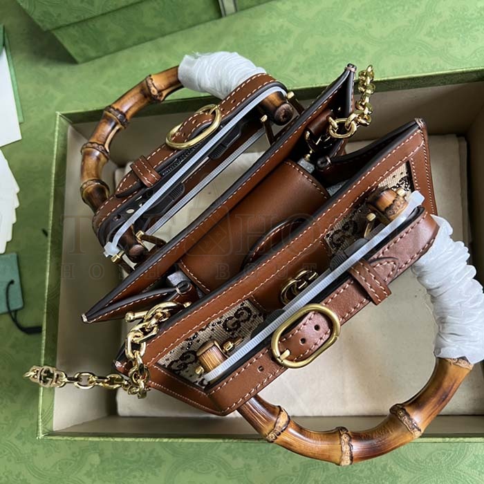 Gvc*1 Women Diana Mini Tote Bag Camel Ebony GG Canvas Crystals Double G Master Quality