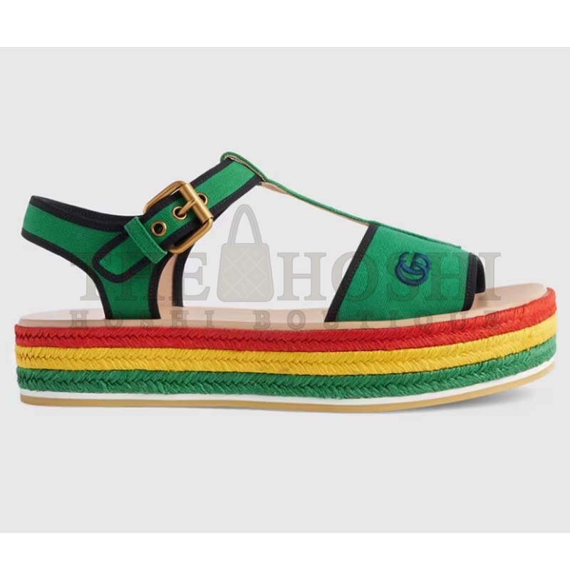 Gvc*1 Women G2 Platform Sandals Green Cotton Double G Embroidery 4 Cm Heel Master Quality