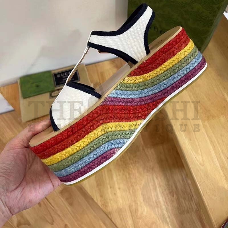 Gvc*1 Women G2 Platform Sandals White Cotton Double G Embroidery 7 Cm Heel Master Quality