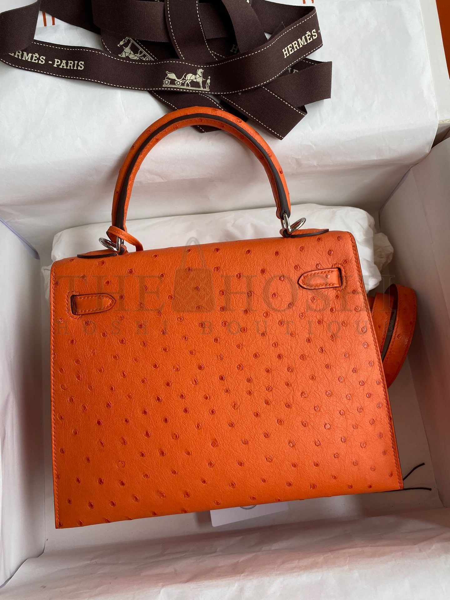 H**me5 Kelly Sellier 25 Handmade Bag In Orange Ostrich Leather Master Quality