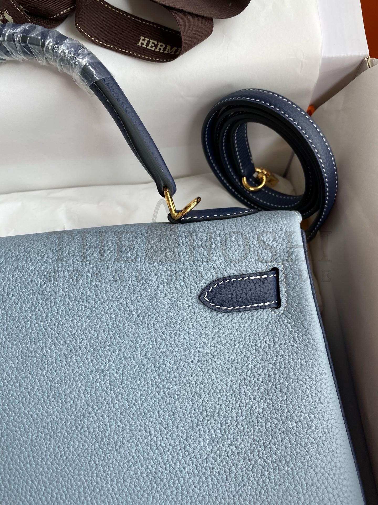 H**me5 HSS Kelly 32 Bicolor Bag in Blue Lin and Blue Clemence Leather Master Quality