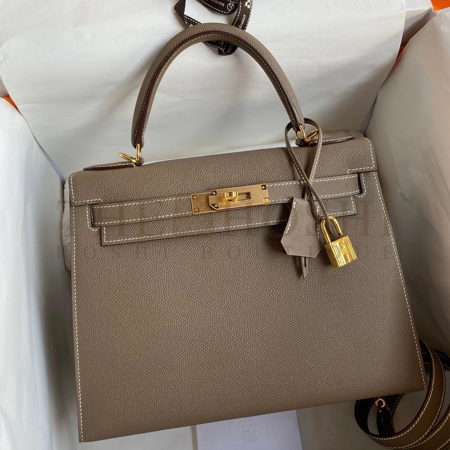 H**me5 Kelly Sellier 28 Handmade Bag In Taupe Epsom Calfskin Master Quality