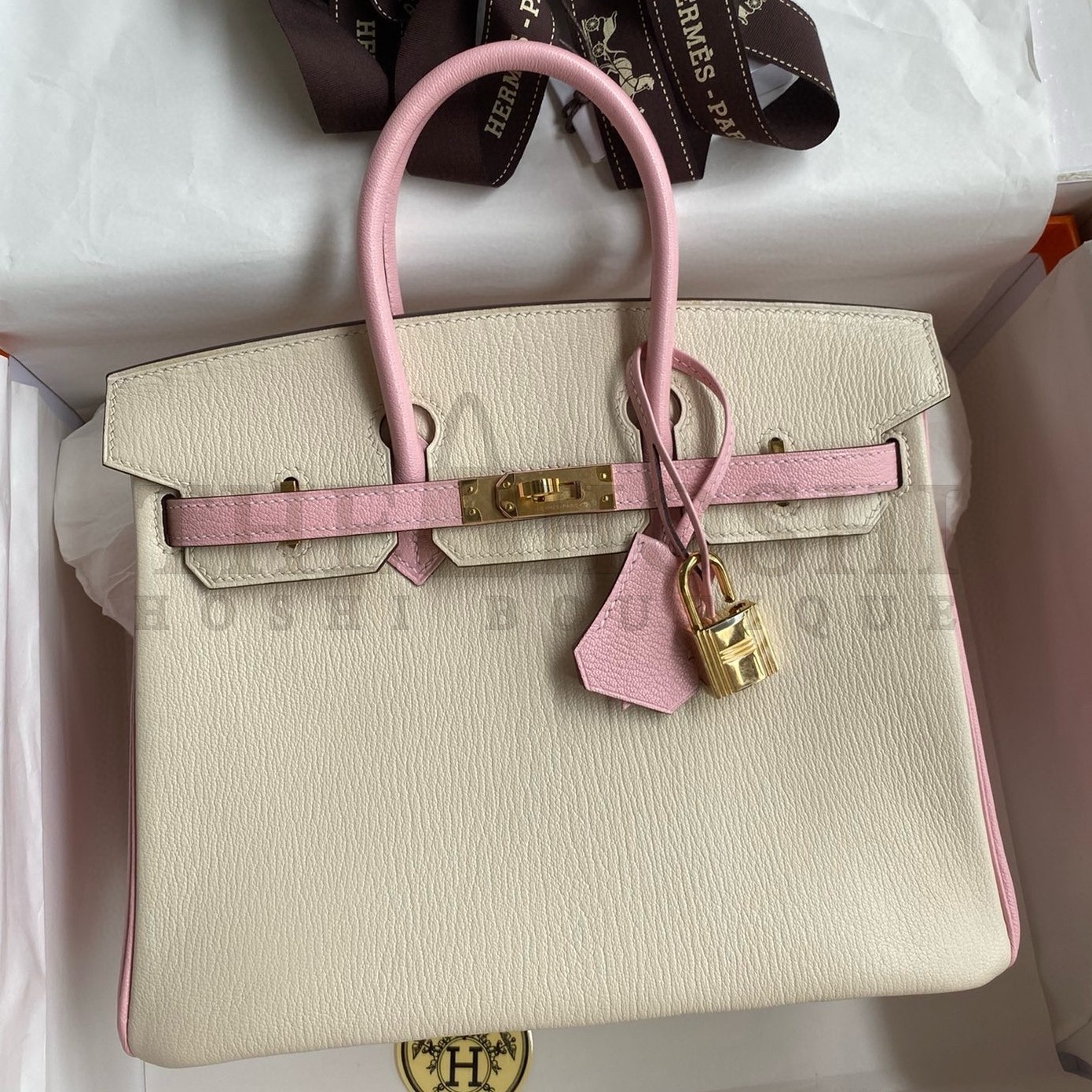 H**me5 HSS Birkin 25 Bicolor Bag in Craie and Pink Chevre Mysore Leather Master Quality